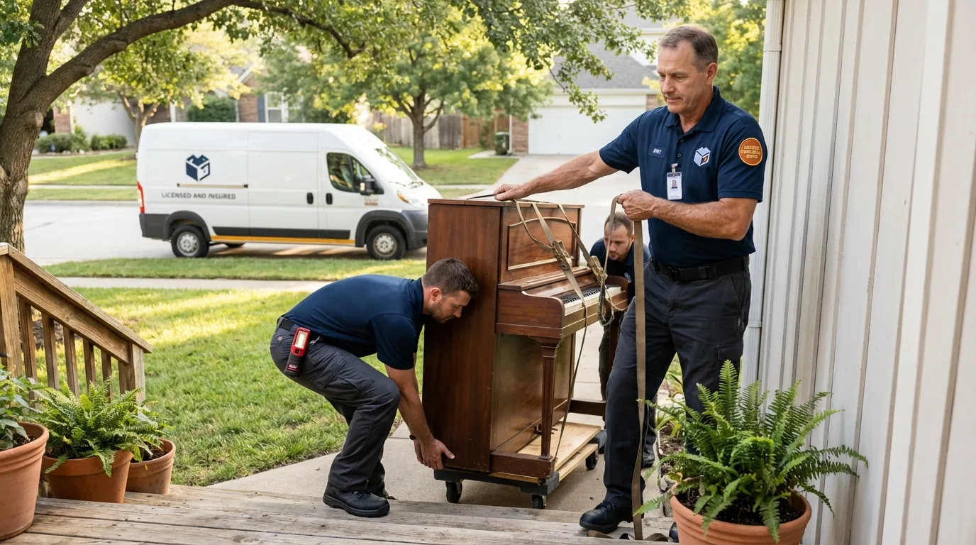 Licensed piano movers securing grand piano in Washington, WV