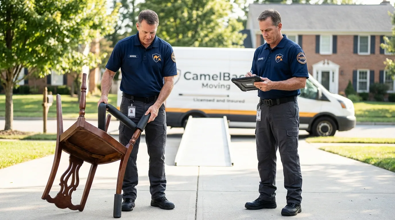 Movers inspecting furniture for damage prevention before loading in Washington, WV
