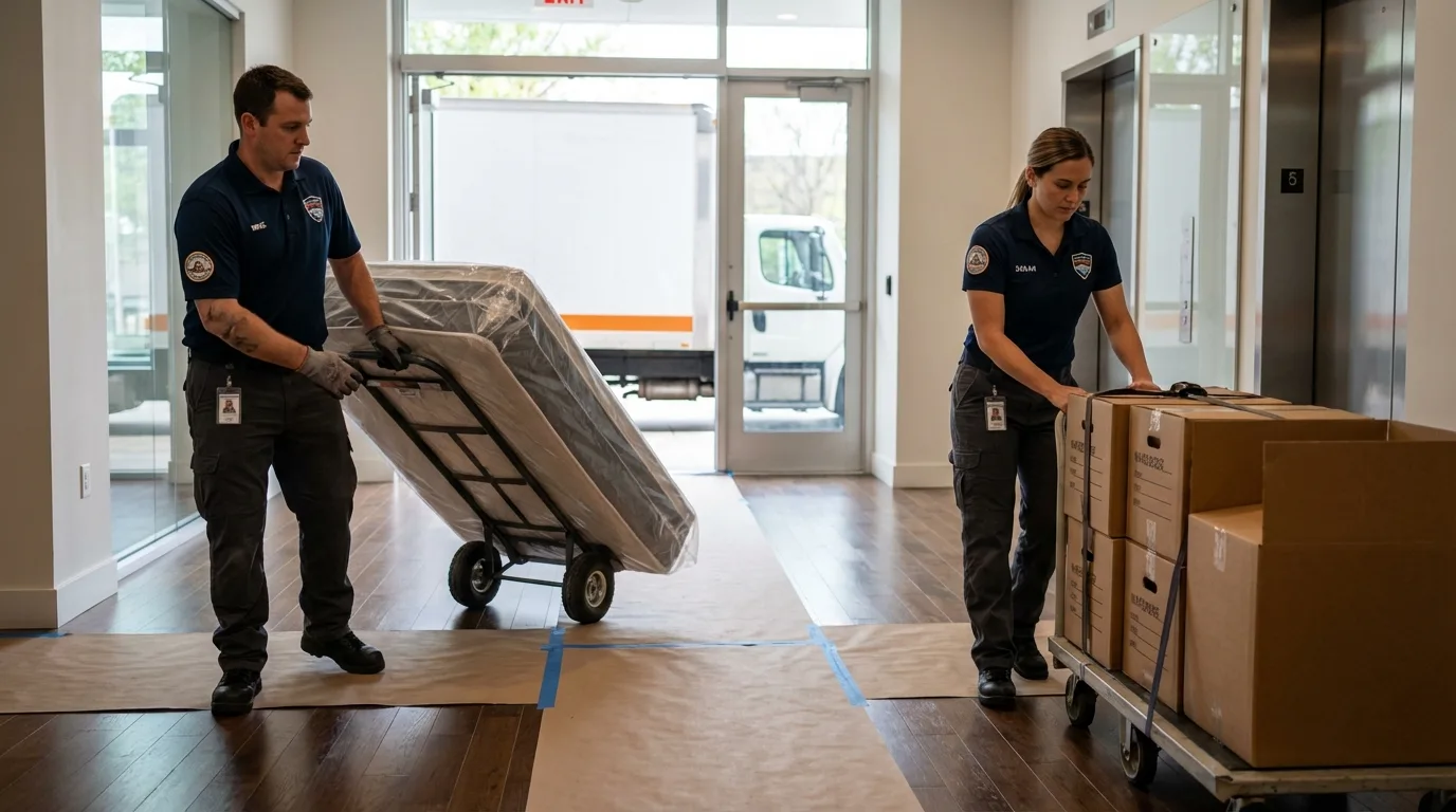 Professional apartment movers loading elevator in Washington, WV